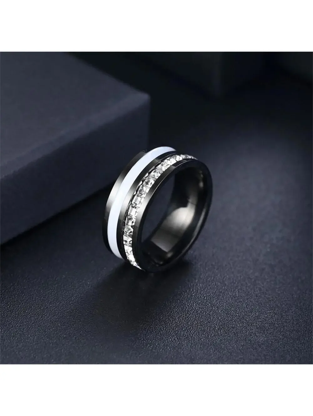 Black stainless steel princess cut inlay band RING - Silver - CZs- size 11